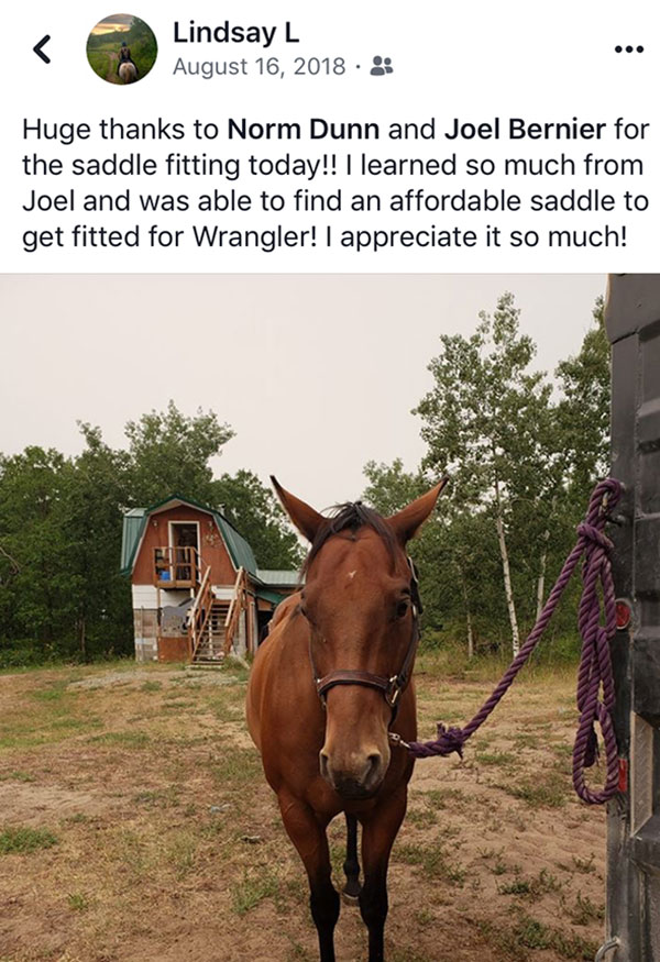 Huge thanks to Norm Dunn and Joel Bernier for the saddle fitting today! I learned so much from Joel and was able to find an affordable saddle to get fitted for Wrangler! I appreciate it so much!